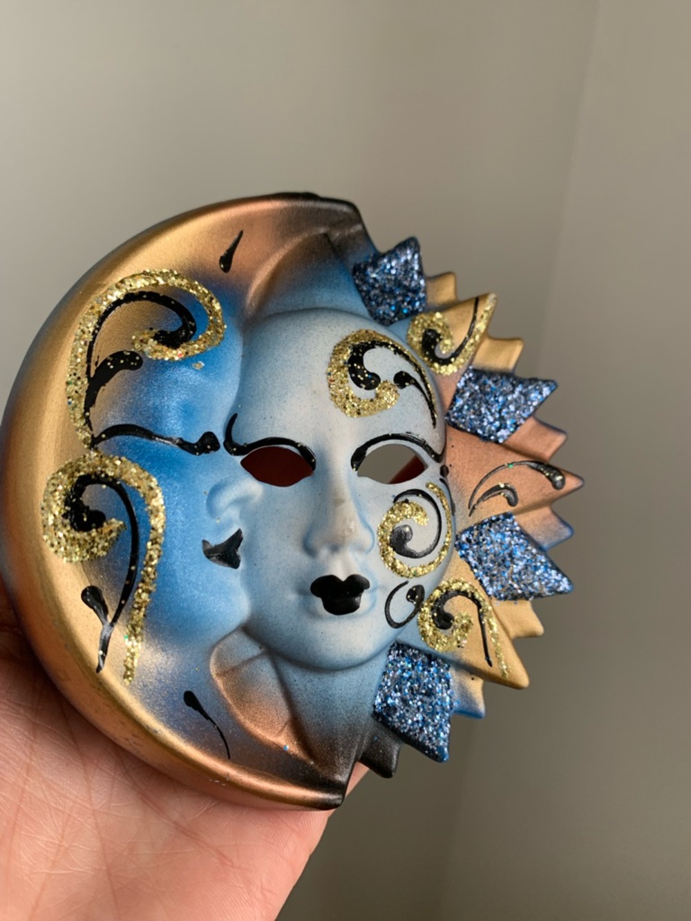 Hand-Painted Sun & Moon Decorative Mask in Blue, Gold and Copper